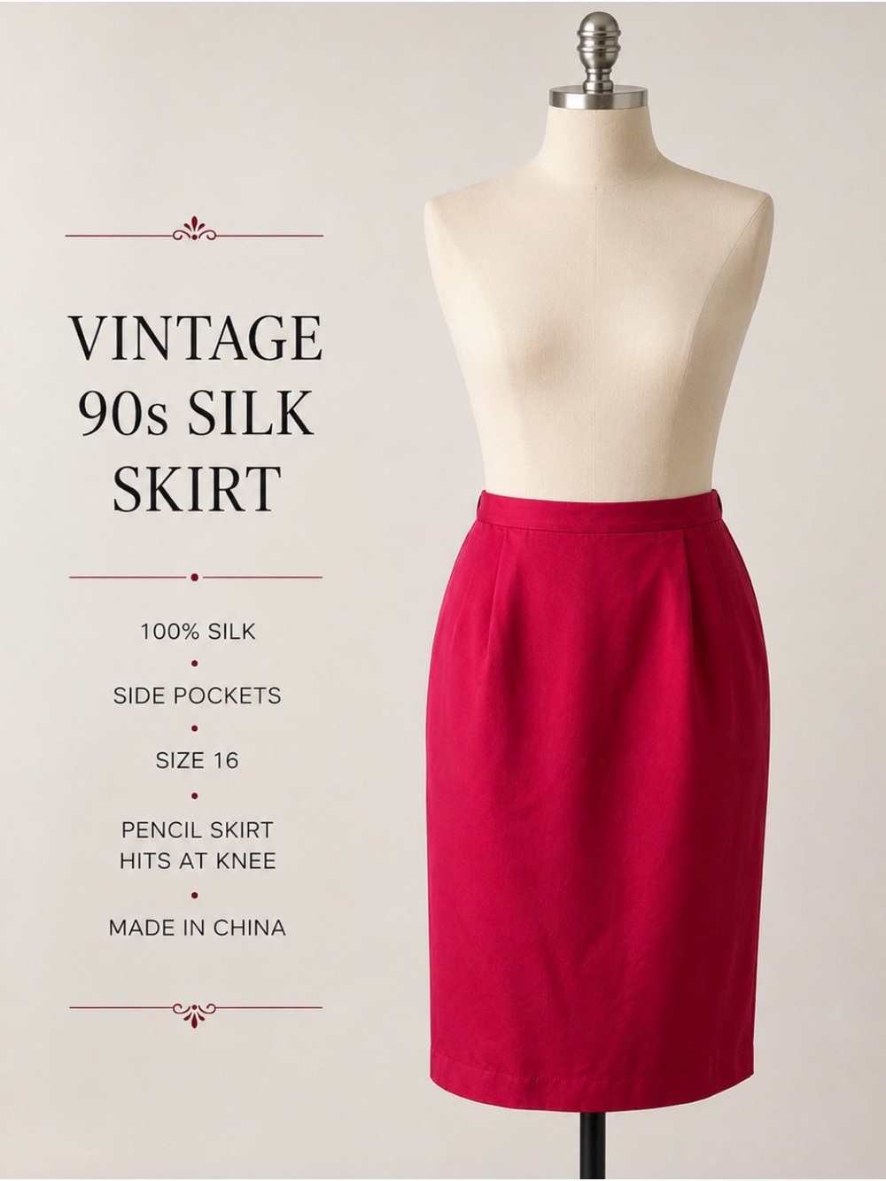 Vintage 90’s- 100% silk- Magenta Pencil Skirt- lined , pockets